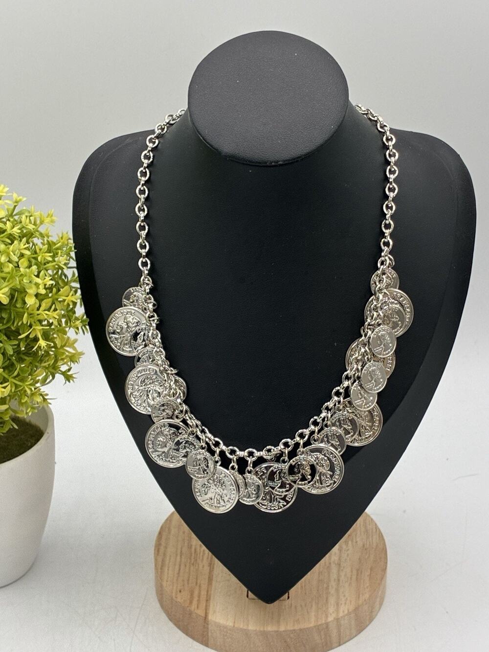 VCLM Coin Charm Necklace Silver Tone 14” French Republic Statement Jewelry